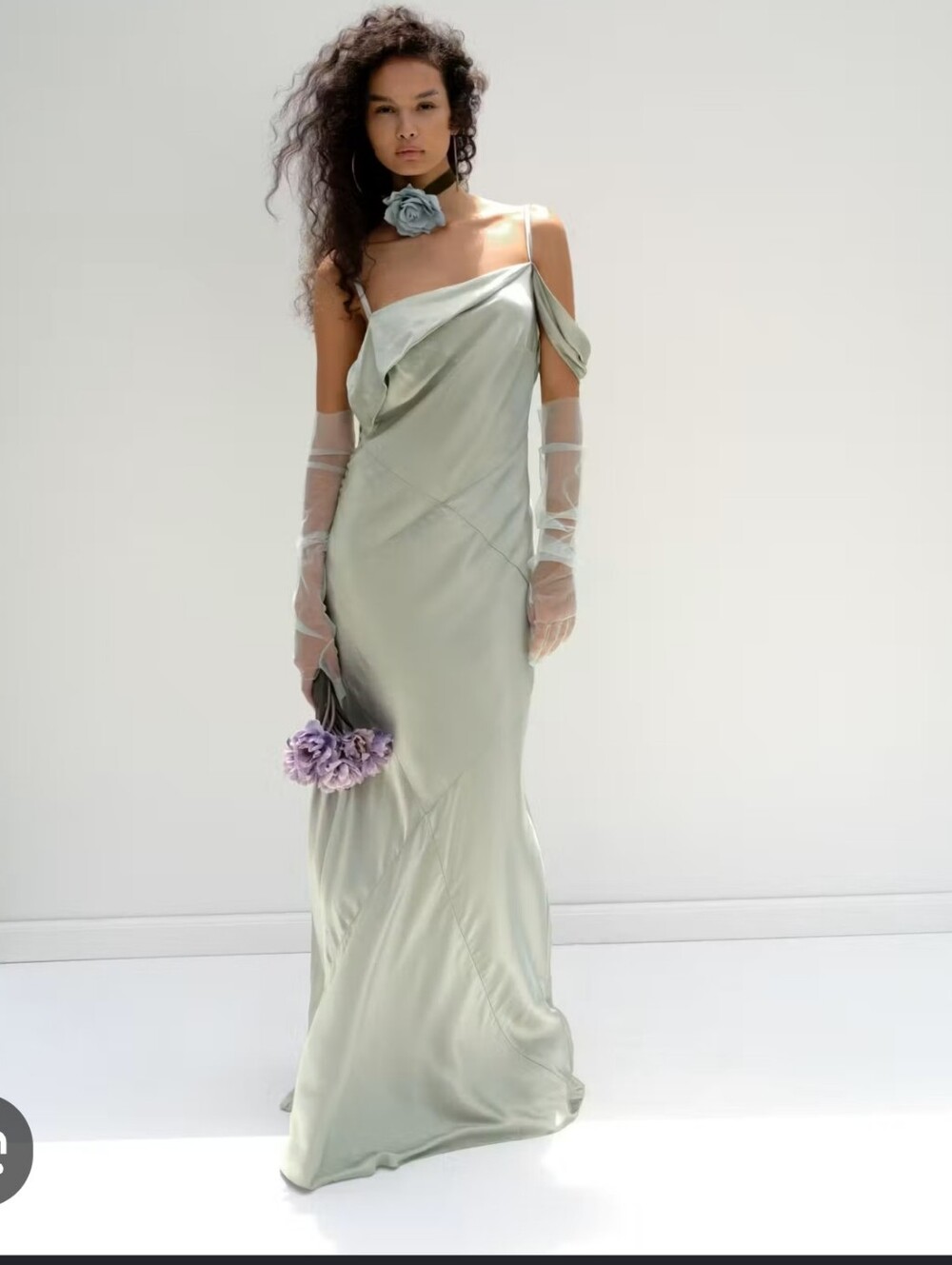 Satin Sage Slip Gown with Draped One-Shoulder Detail Jewel For Love And Lemons